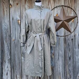 Belted Trench Coat London Fog Size 10P Petite Sage Green Embroidered Vintage VTG